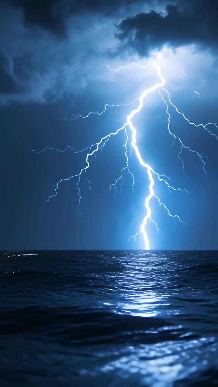 Video verticale: Nuvole cariche che sprigionano un fulmine, illuminando l'oceano aperto e riflettendo le onde.