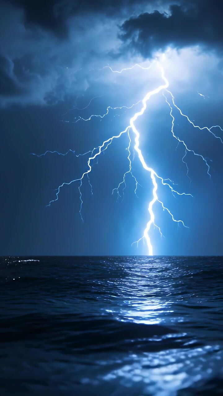 Video verticale: Nuvole cariche che sprigionano un fulmine, illuminando l'oceano aperto e riflettendo le onde.