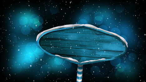 animación digital de nieve cayendo sobre un poste de señal de madera azul contra manchas azules de luz