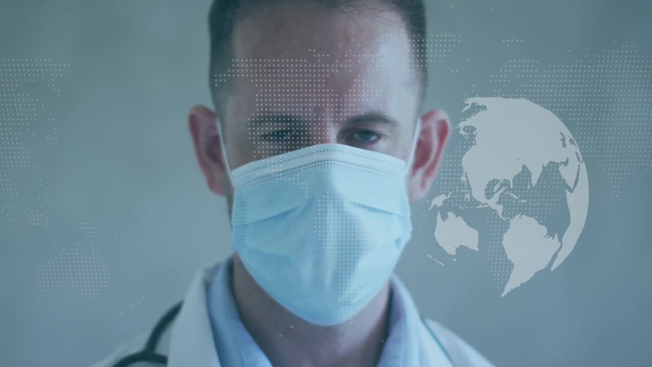 Animation of globe and world map over caucasian male doctor with face mask