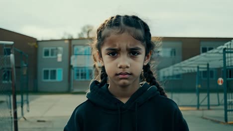 a young girl with black hair in braids wears a black hoodie and looks seriously at the camera