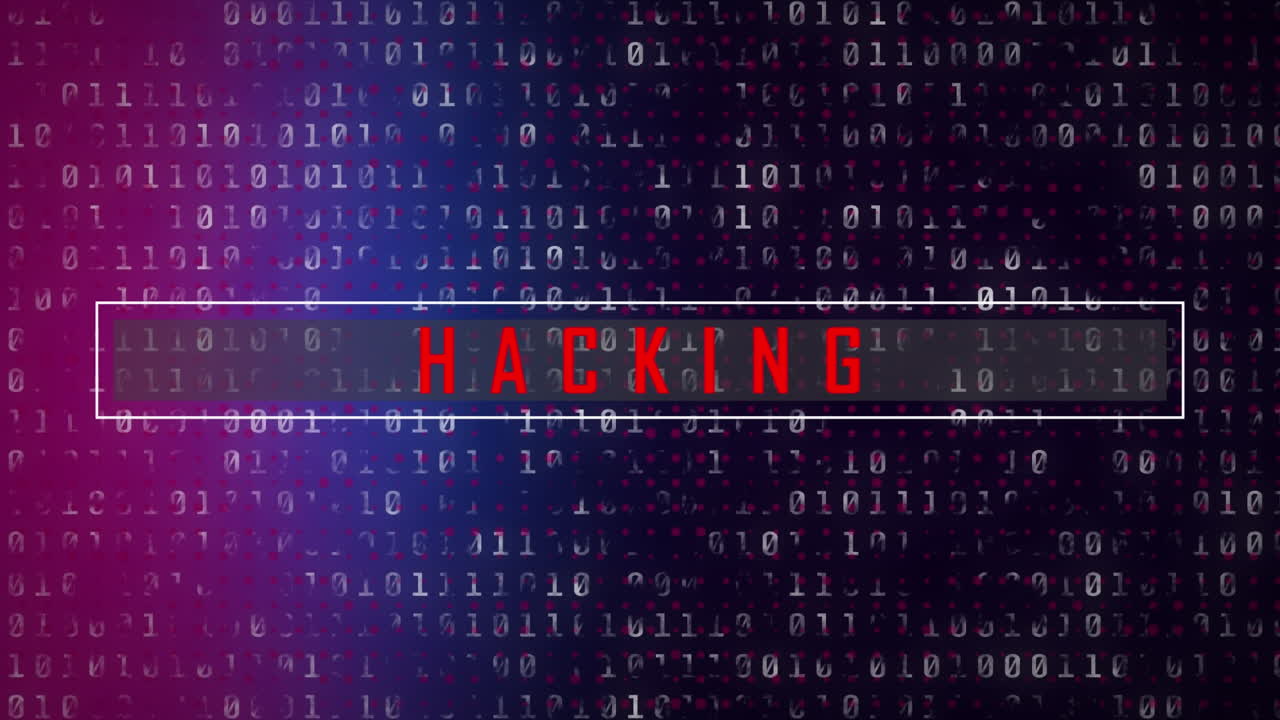 Animation of hacking text over binary coding data processing over gradient background