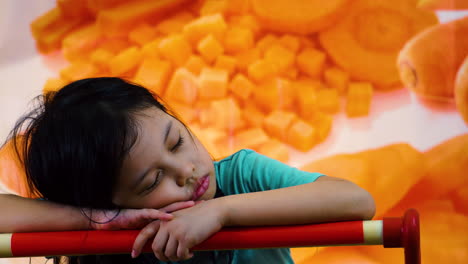 niña sentada en el carrito de la compra dentro de la tienda sola tomando una siesta en los brazos dentro de la tienda de alimentos tienda tendero