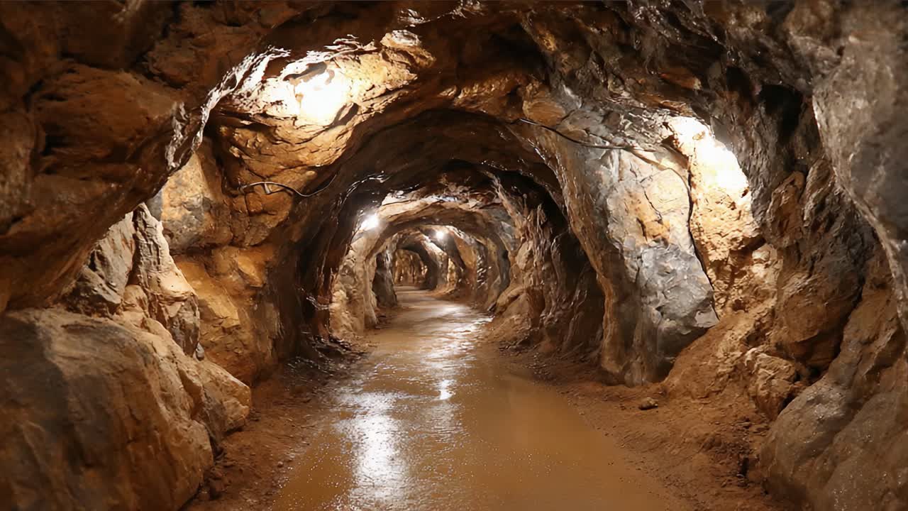 Exploring the Depths: A Journey Through a Mysterious Underground Tunnel with Rugged Rock Walls, Illuminated Pathways, and Winding Turns in a Hidden Mining Experience