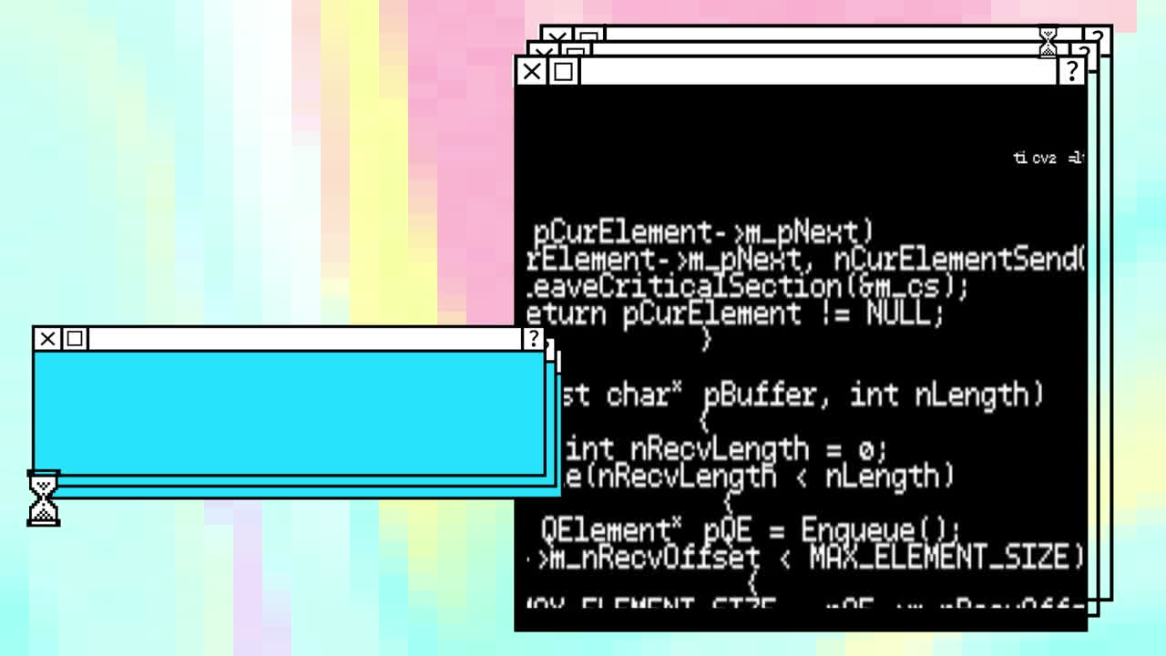 animación de múltiples ventanas y procesamiento de datos sobre fondo azul