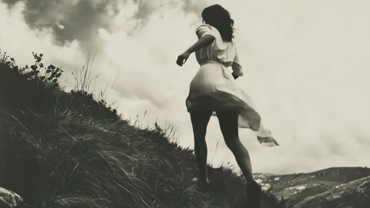 Black and white video still of a woman running uphill, captured from a low angle