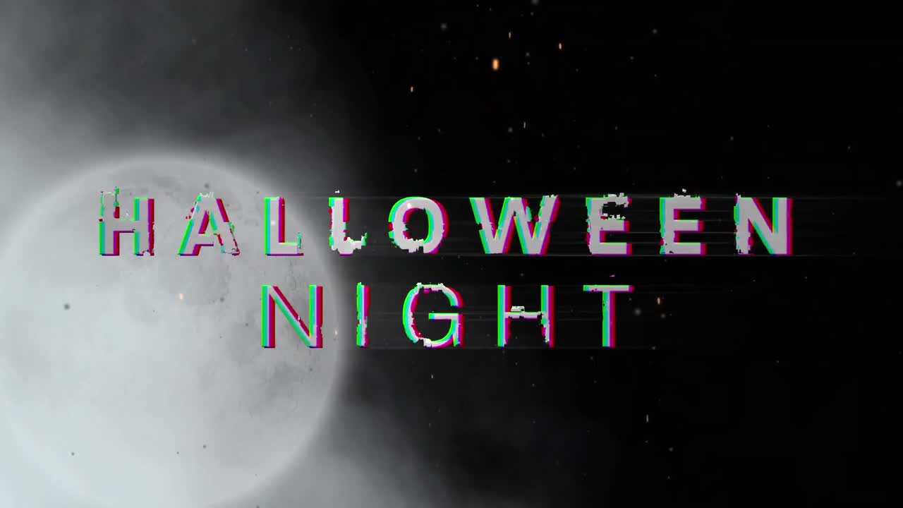하늘의 달과 구름 위의 할로윈 밤 텍스트의 애니메이션