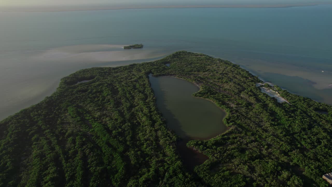 isla holbox en méxico, mostrando vegetación exuberante y aguas serenas en la hora dorada, vista aérea
