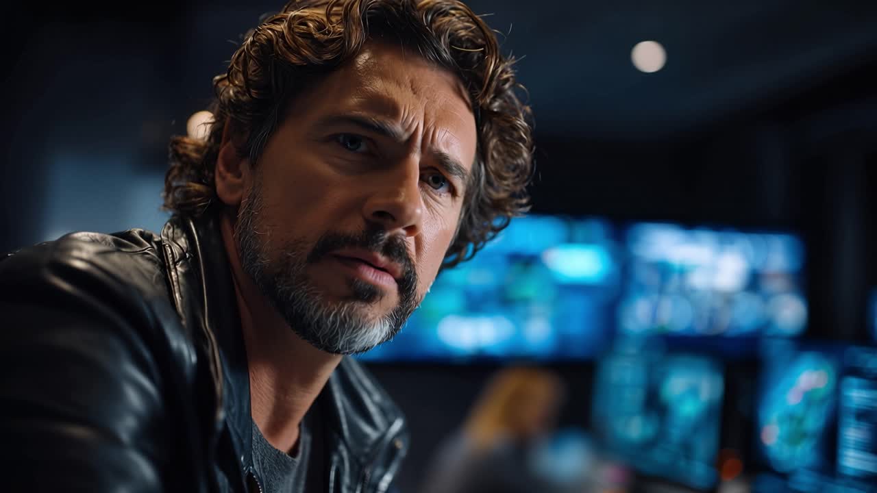 A focused individual in a high-tech control room closely monitors multiple screens, showcasing intense concentration in a dimly lit, modern environment