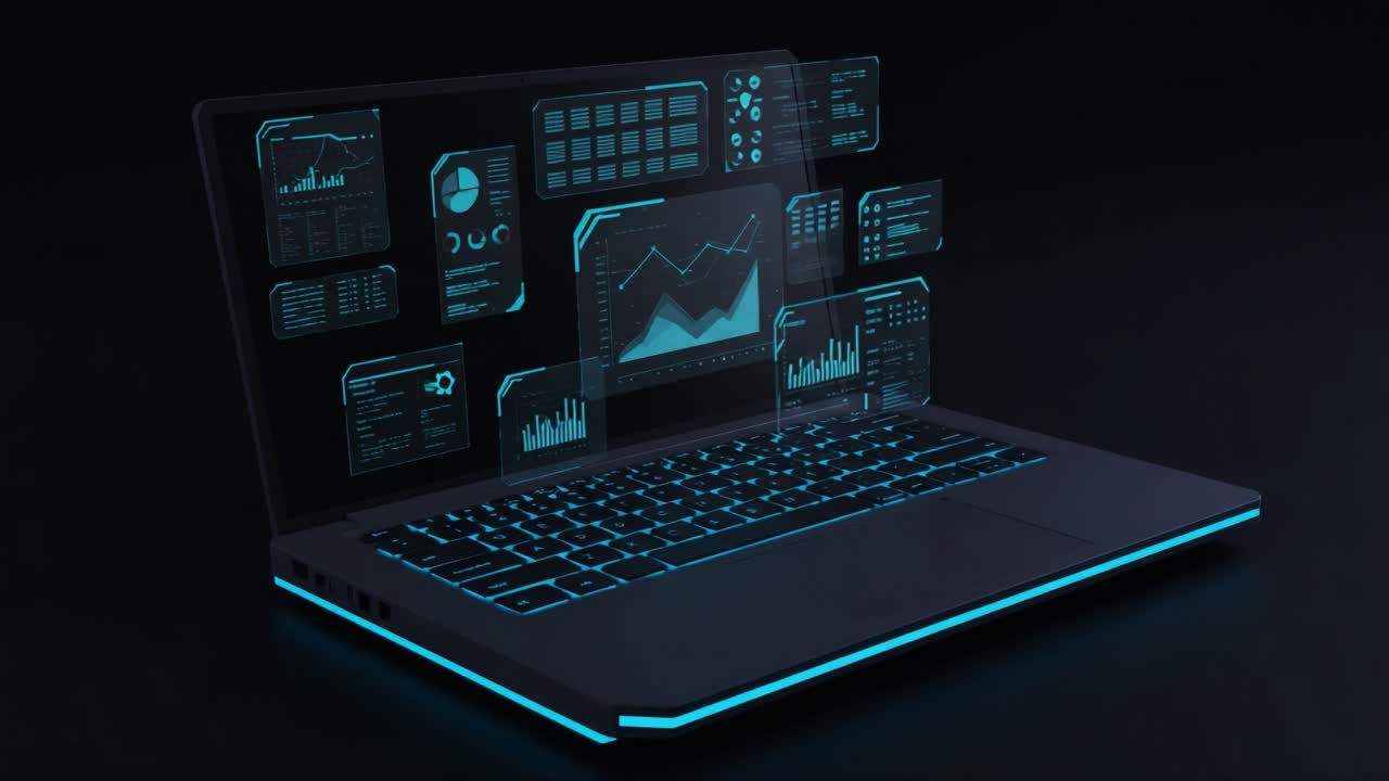 Futuristic Laptop Displaying Advanced Data Visualizations, Graphs, and Analytics in a High-Tech Environment with Interactive Touch Interface