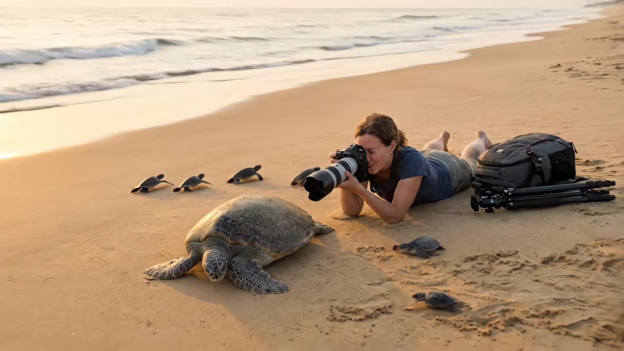 Kadın fotoğrafçı gün batımında kumlu bir plajda deniz kaplumbağalarını ve yavrularını fotoğraflıyor