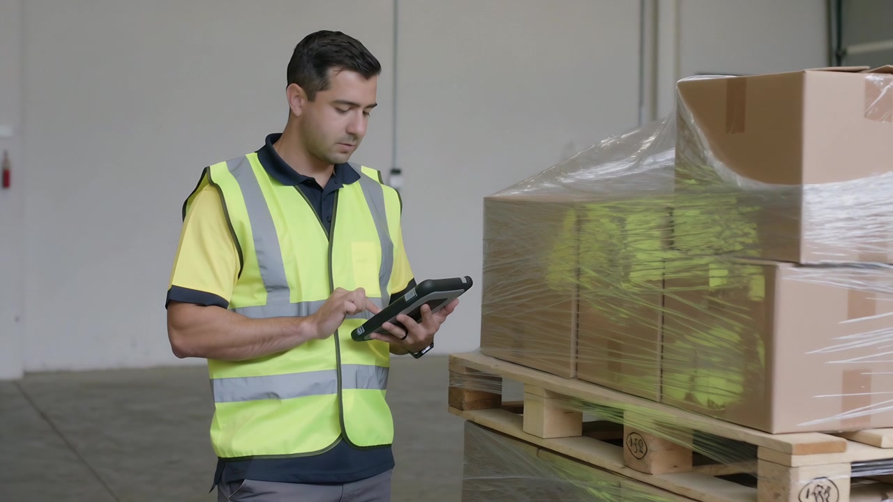 Tapping tablet, warehouse worker in hi-vis vest verifying pallet shipment after scan prompt