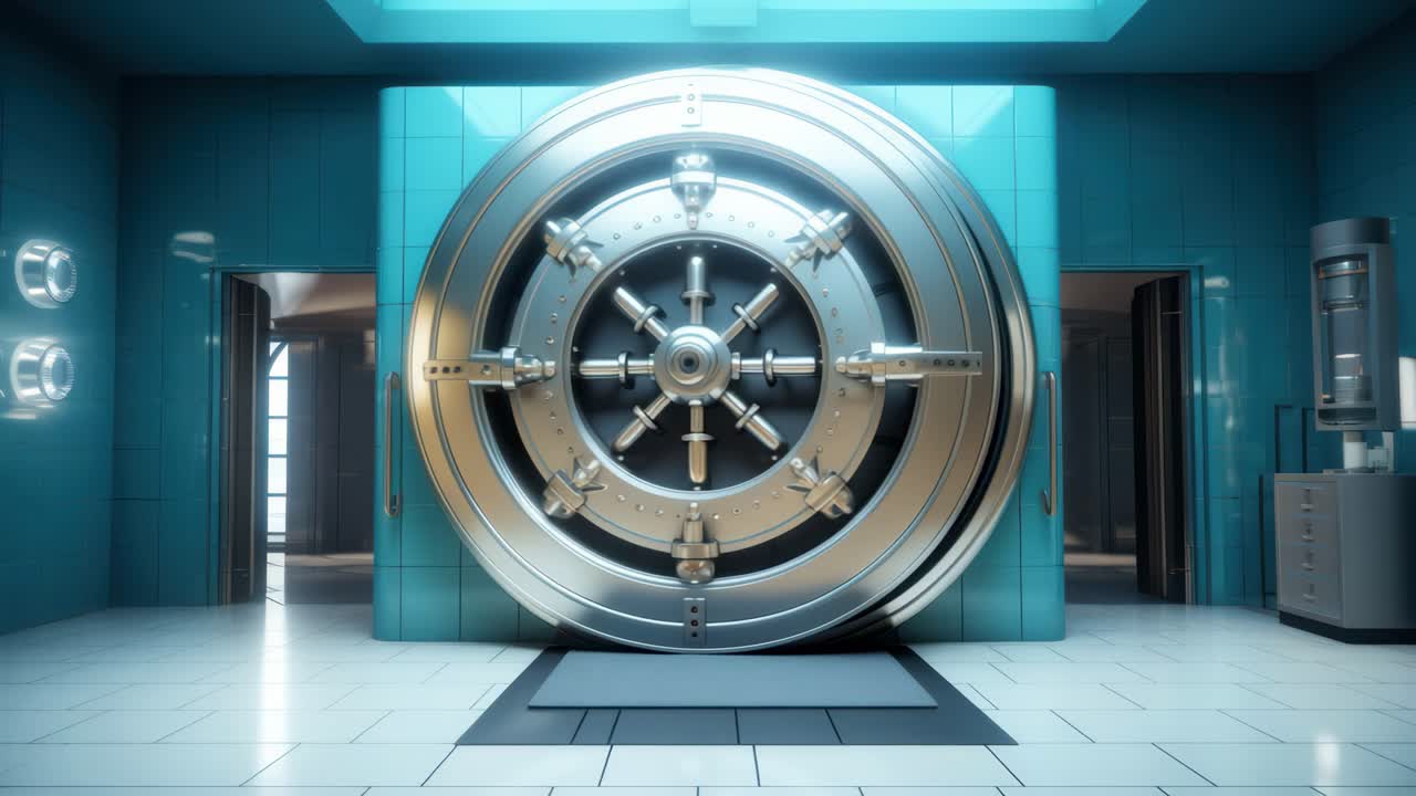 A futuristic bank vault door in a sleek, modern style. The low-angle shot enhances its imposing