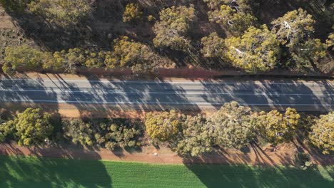 Luftaufnahme-Eines-Lastwagens-Von-Oben-Nach-Unten-Auf-Einer-Ländlichen-Asphaltstraße-In-Westaustralien-Bei-Sonnenuntergang