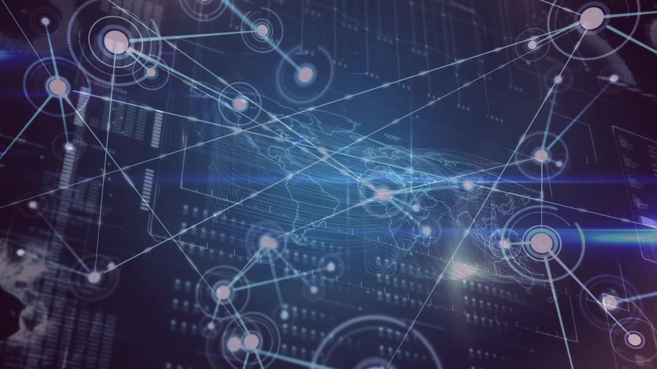 Animation of connections and data processing on digital screen with world map