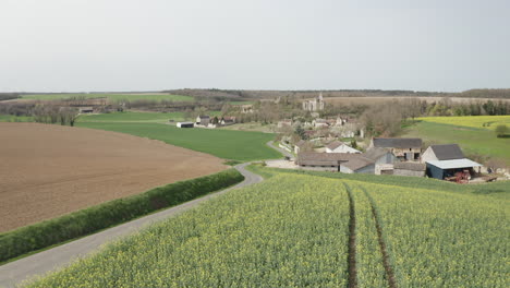 Aerial-drone-point-of-view-of-rapeseed-fields-near-to-Avon-les-Roches-in-the-Loire-Valley,-France