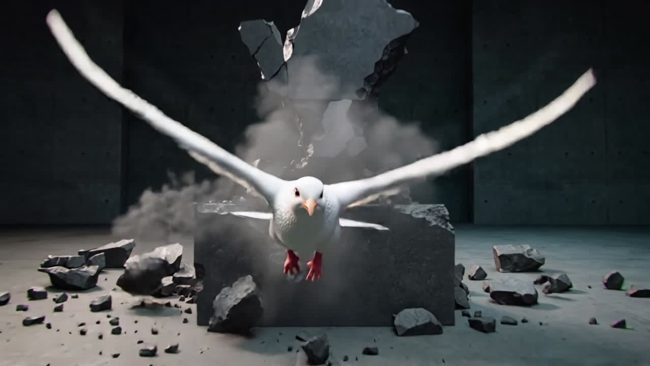 爆発するブロックが白い鳩を飛び散らせ、灰色のスタジオでカメラに向かって飛び、破片をかわしている。