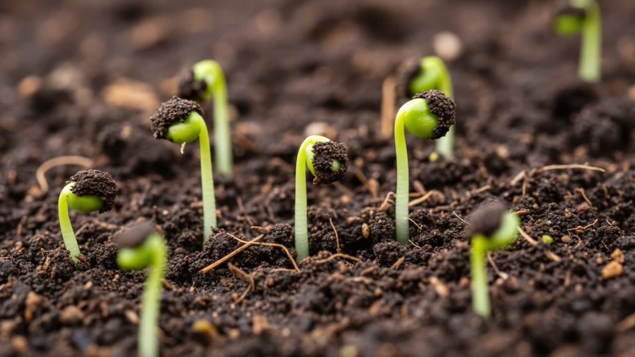 Young Plant Sprouts Emerging from Dark Soil