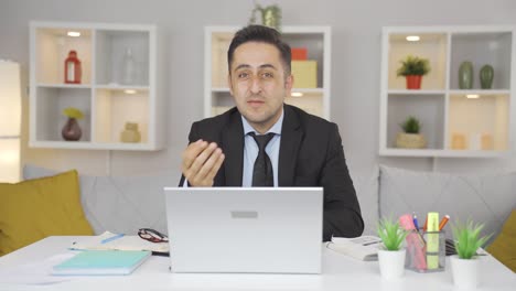 home office worker man gives motivational speech.