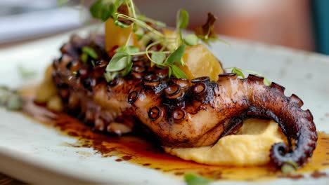 grilled octopus resting on creamy yellow polenta, garnished with herb seasoned roasted potato wedges, showcasing vibrant mediterranean culinary artistry