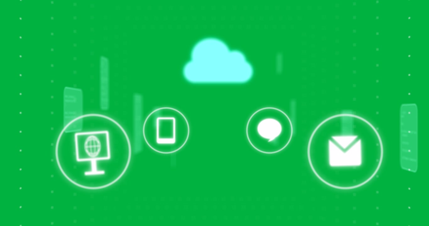 Animation of icons over data processing on transparent background