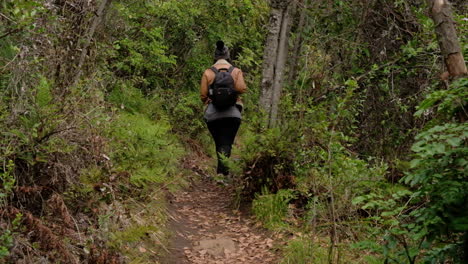 Joven-Morena-Vestida-De-Invierno-Caminando-Por-Un-Sendero-Estrecho-Rodeado-De-Bosque-Verde-Alejándose-De-La-Cámara