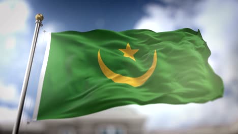 mauritania flag waving slow motion 3d rendering blue sky background - seamless loop 4k