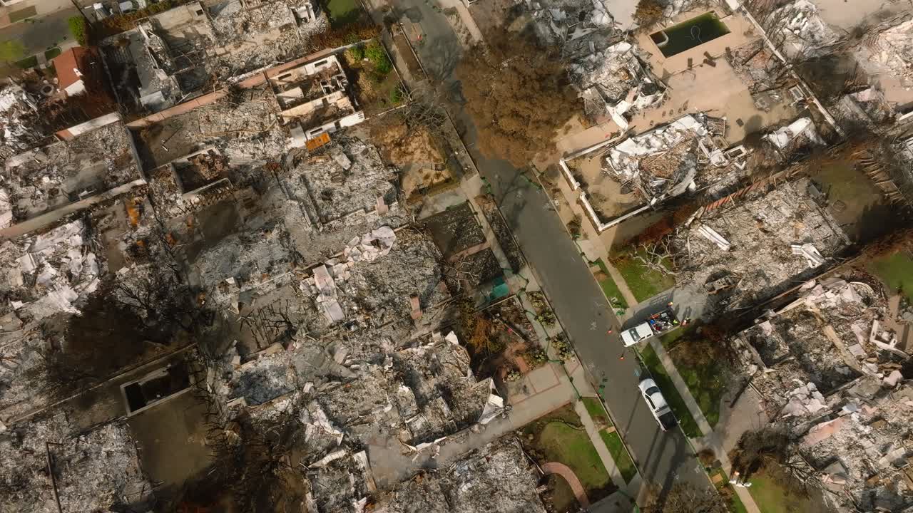 4K aerial of Pacific Palisades after the fire in January 2025, Los Angeles, California, USA.