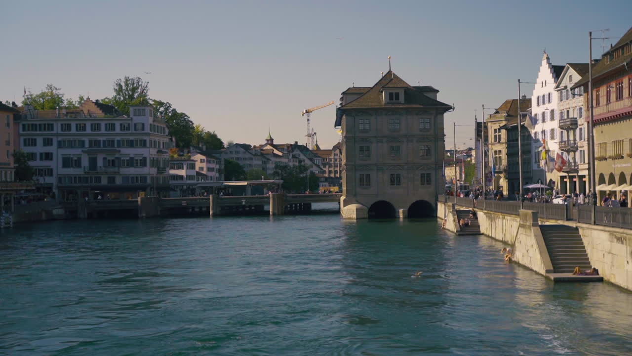 유명한 프라우문스터 교회 (fraumünster church) 와 스위스 취리히 주 (zurich canton) 의 푸른 하늘을 가진 이 많은 날에 리마트 강 (limmat river) 에 있는 백조.