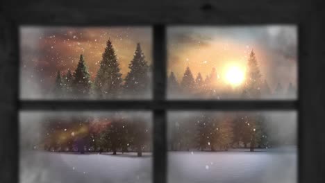 Animation-of-snow-falling-over-christmas-winter-scenery-seen-through-window