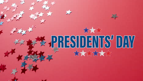 animation of president's day text over stars of united states of america on red background