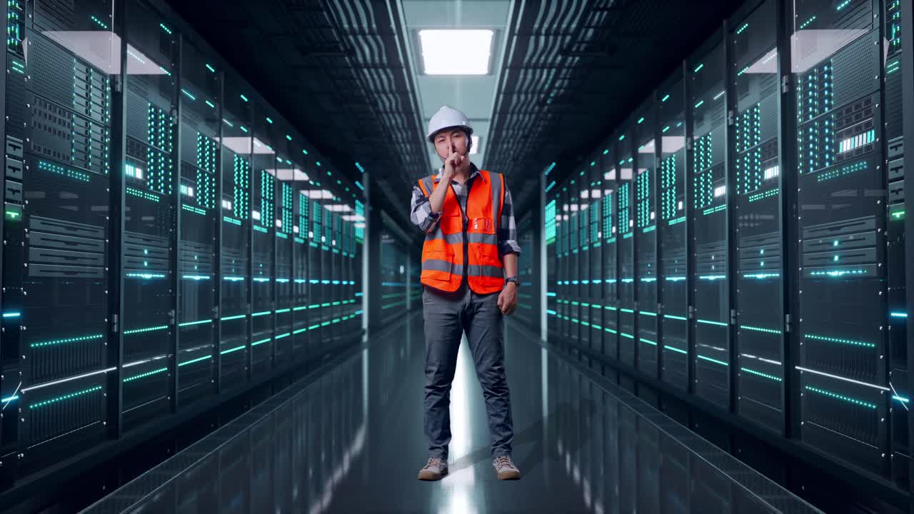 Full Body Of Asian Male Engineer With Safety Helmet Making Shh Gesture While Standing in Server Room Data Center