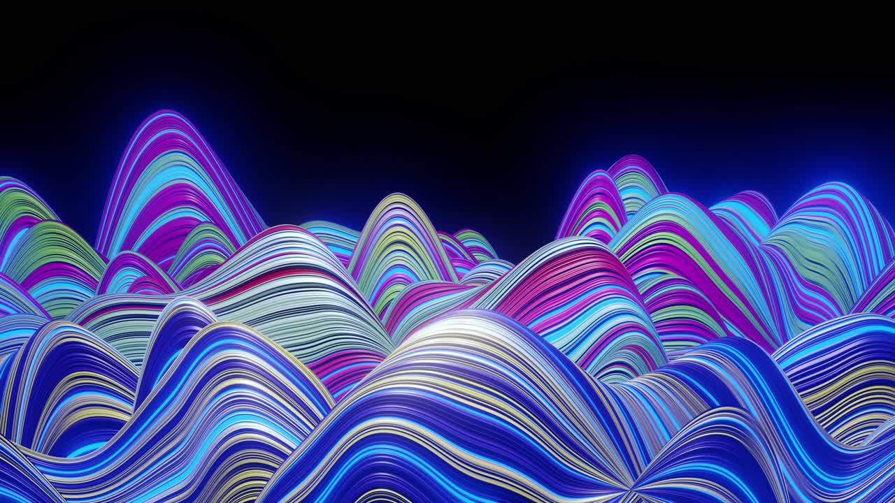 Lindo fundo abstrato de ondas na superfície, gradientes de cor, linhas extrudadas como superfície de tecido listrado com dobras ou ondas em líquido. Loop 4k. Linhas de brilho. 2