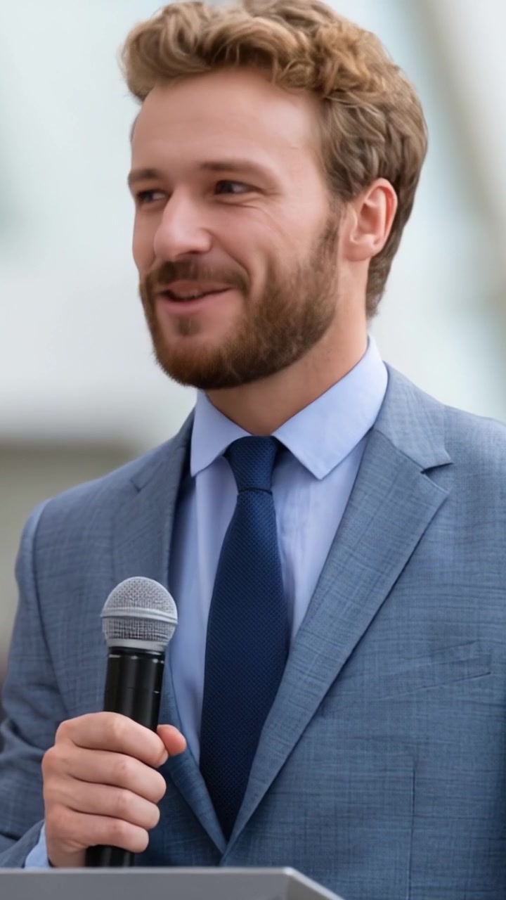 Relatore sicuro di sé che coinvolge il pubblico con entusiasmo e carisma a un evento pubblico, dimostrando professionalità e disponibilità nella sua presentazione.