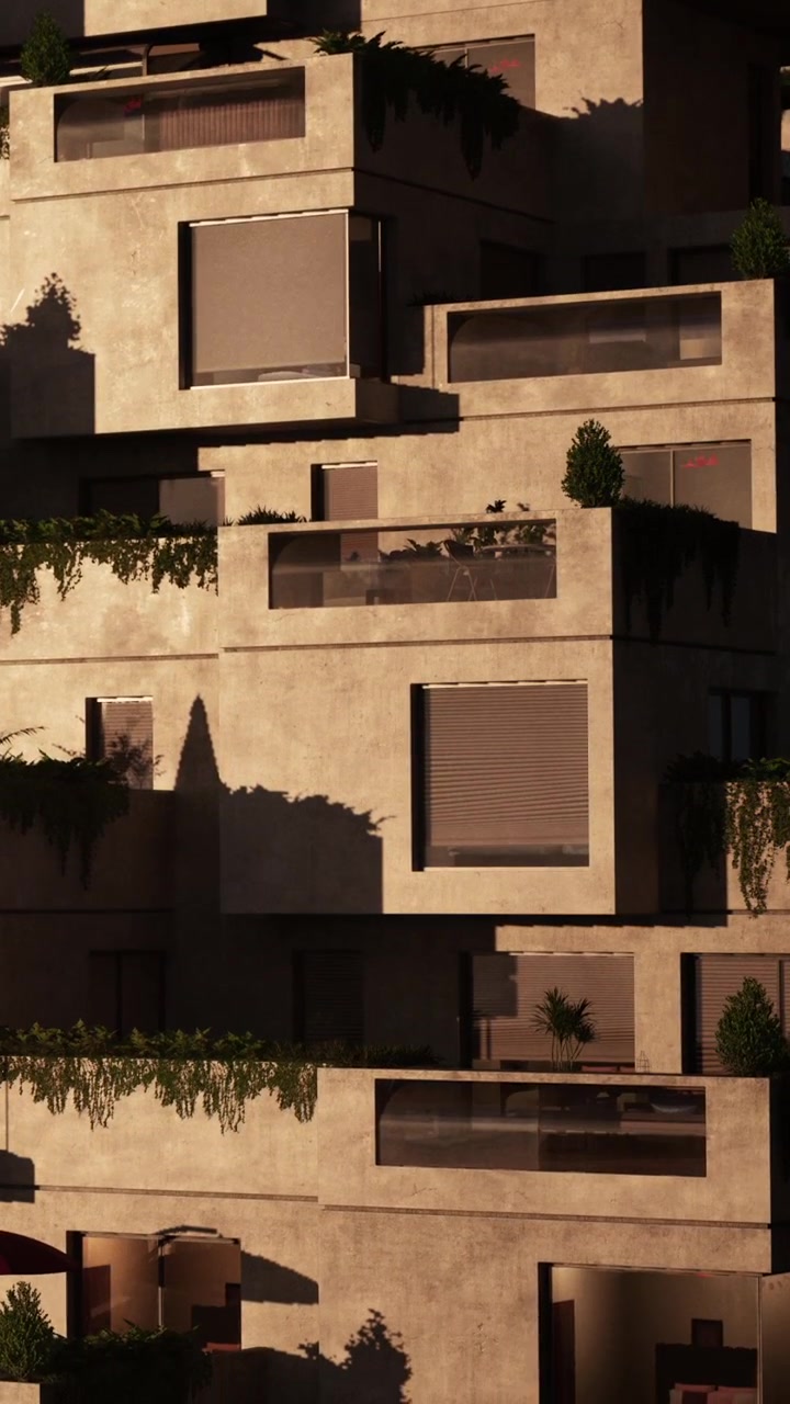 Design de edifício moderno com arquitetura única e plantas nas varandas.