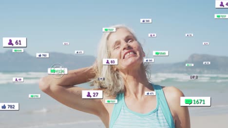 Animación-De-Notificaciones-De-Redes-Sociales,-Sobre-Una-Mujer-Mayor-Sonriendo-En-La-Playa