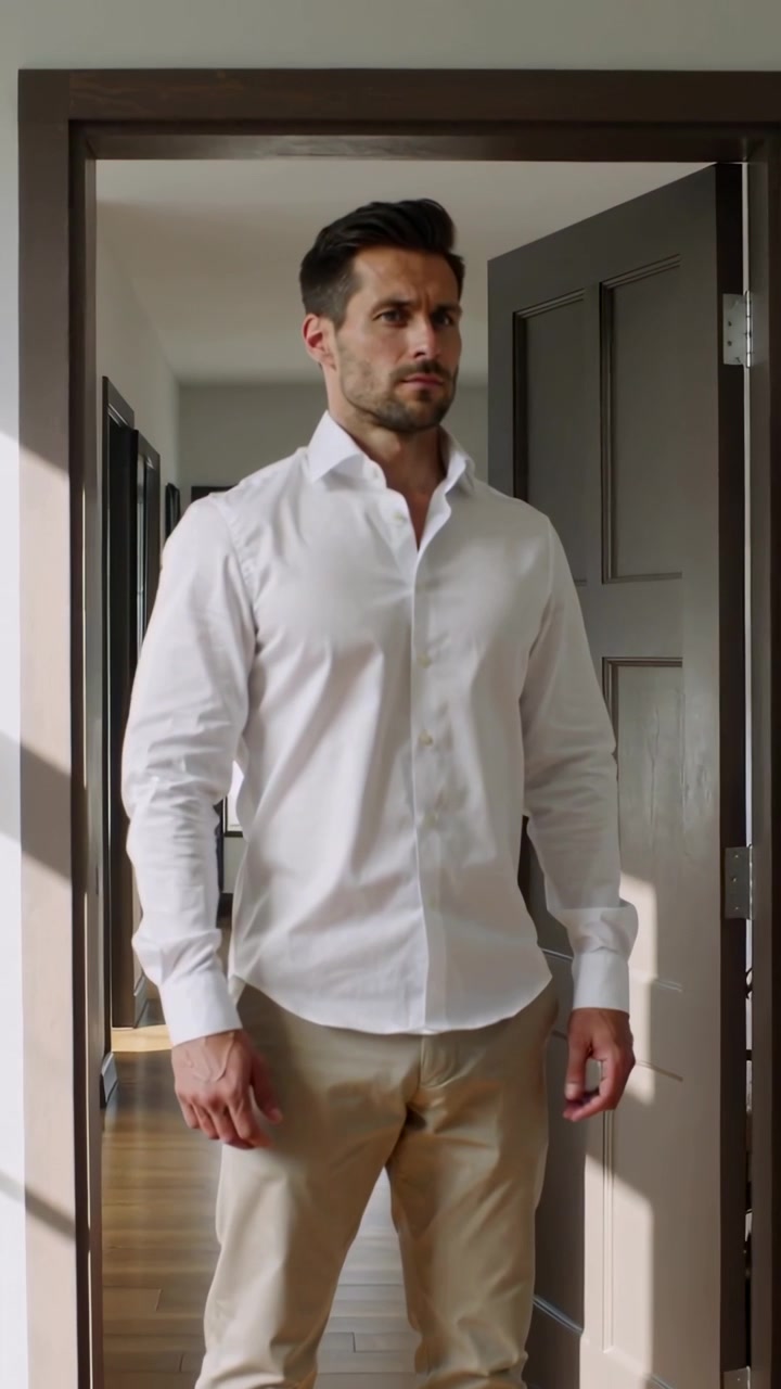 Video verticale: La telecamera zooma per mostrare un uomo in camicia bianca in una porta di casa, illuminato dal sole.