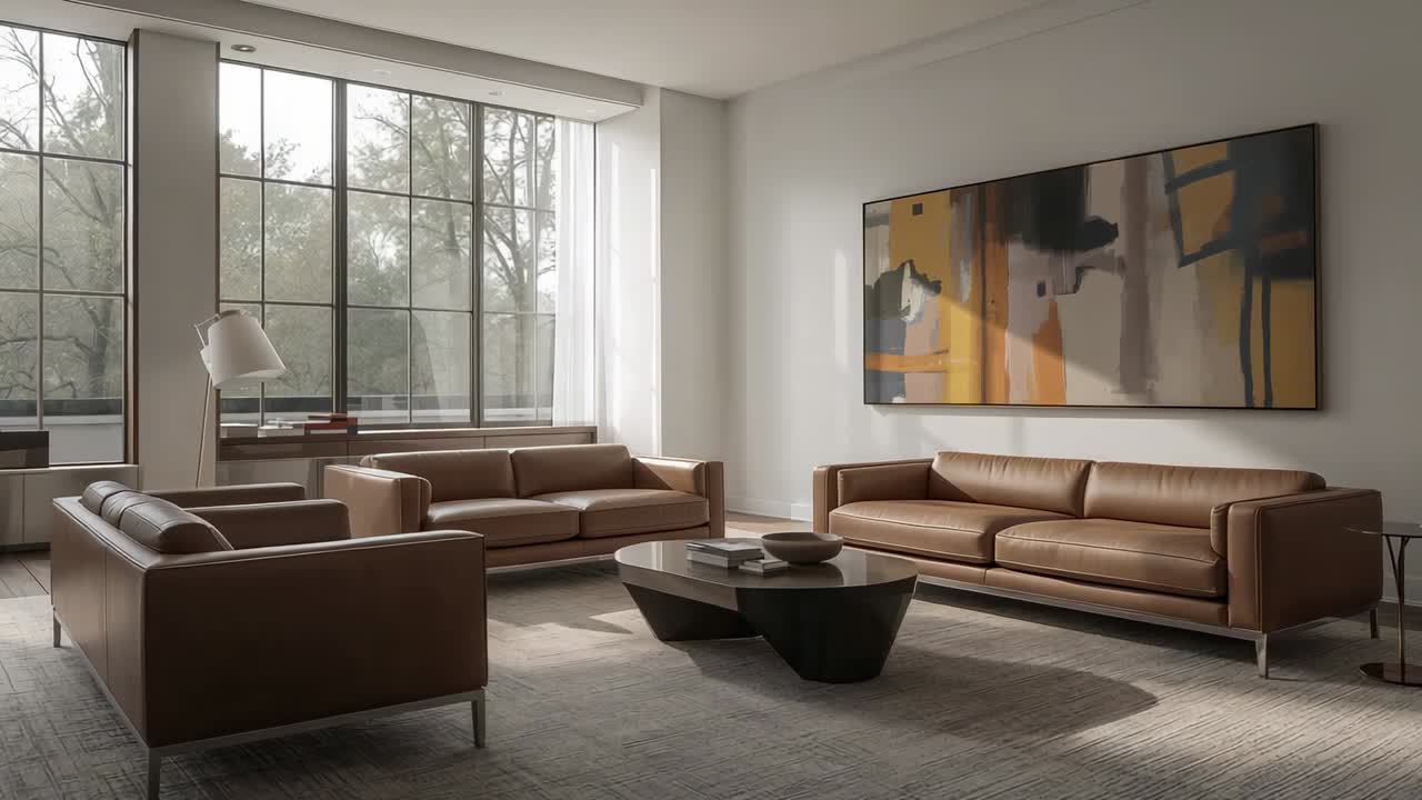 Displaying three brown leather sofas around black coffee table in living room with bowl and books