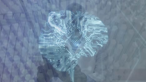 animación del cerebro hecha de circuito integrado sobre médico afroamericano