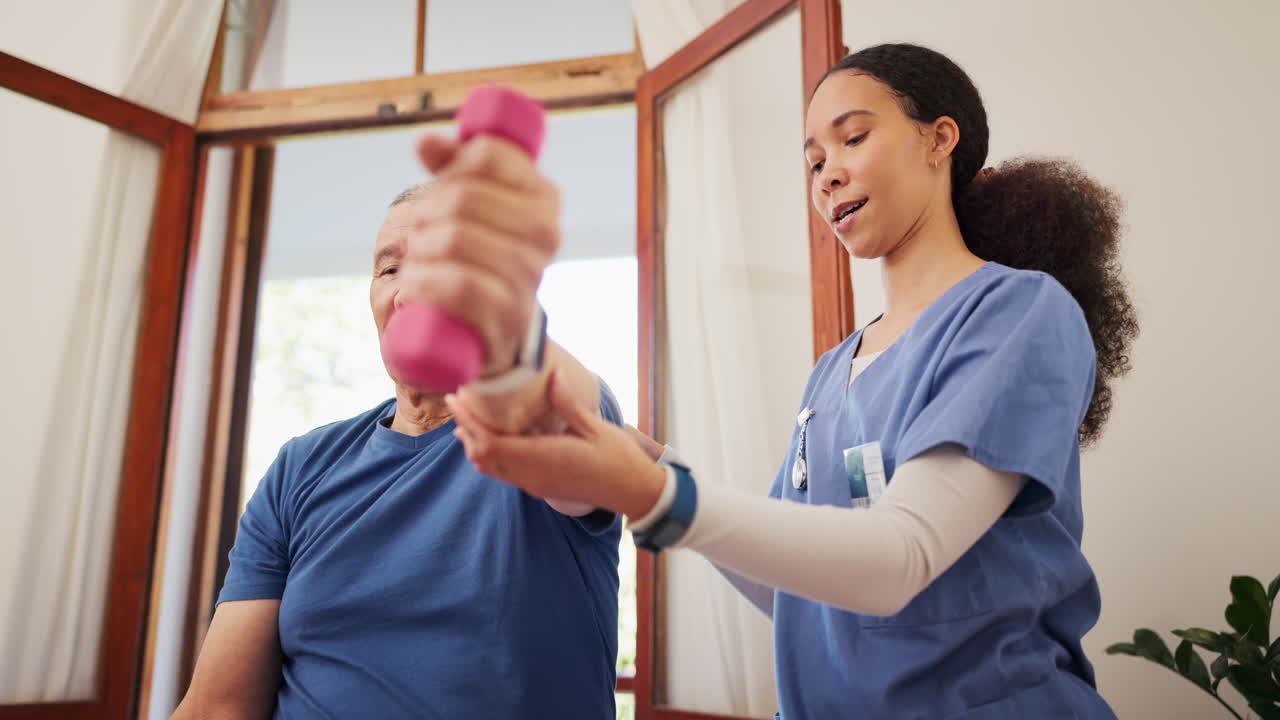 Physiotherapy, dumbbell and physiotherapist