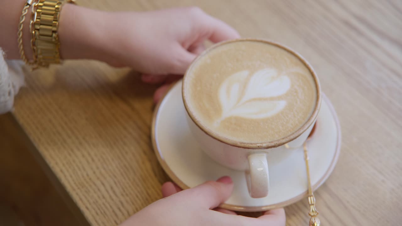 Female puts down beautifully presented cup of coffee on wooden table