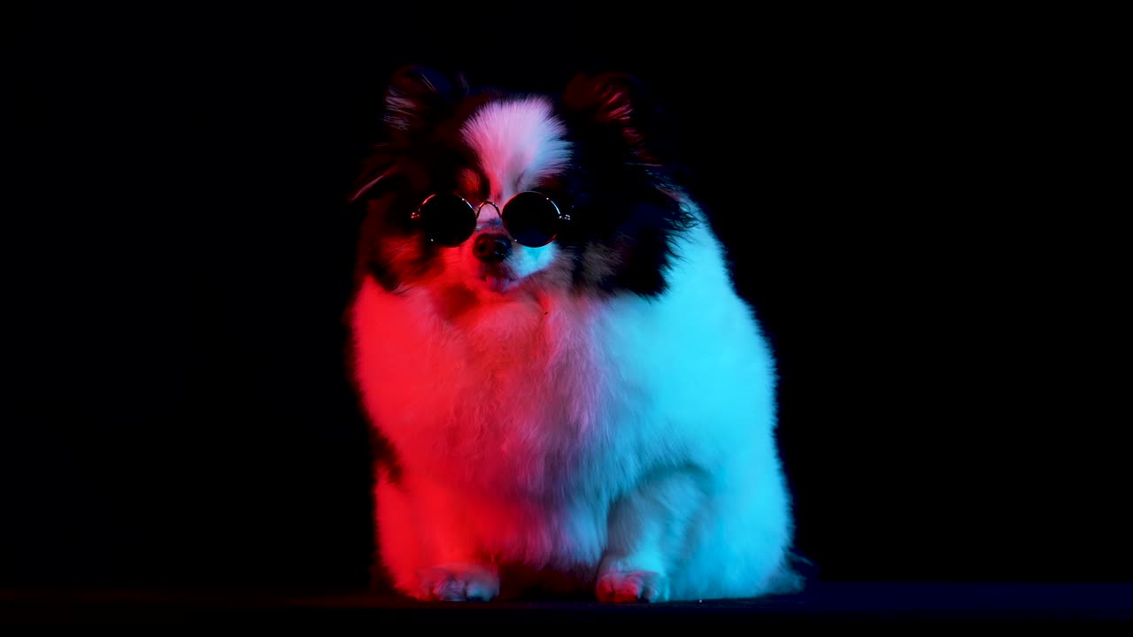 Front view of a black and white Pomeranian in round sunglasses, sitting with his tongue out. The pet poses in the studio on a black background in red neon light. Slow motion. Close up