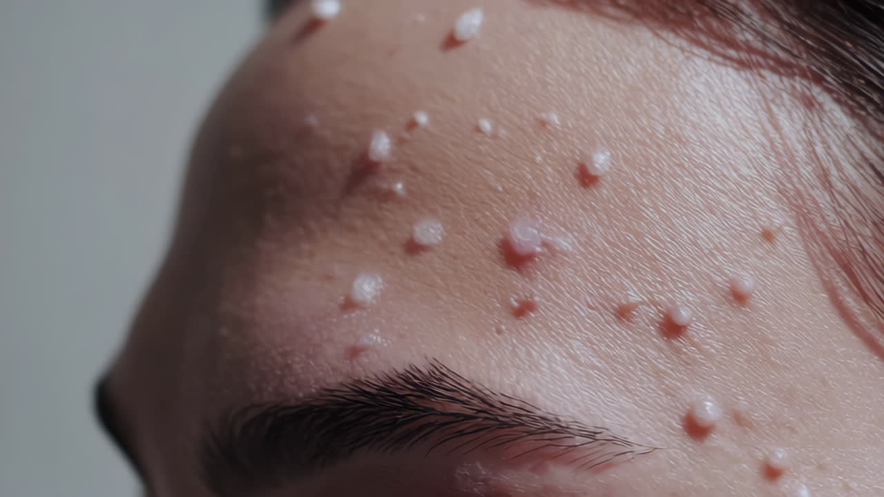 Close-up of human skin with numerous small bumps on the forehead