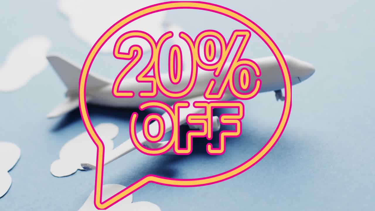 animación de 20 por ciento de texto sobre modelo de avión con nubes en fondo azul