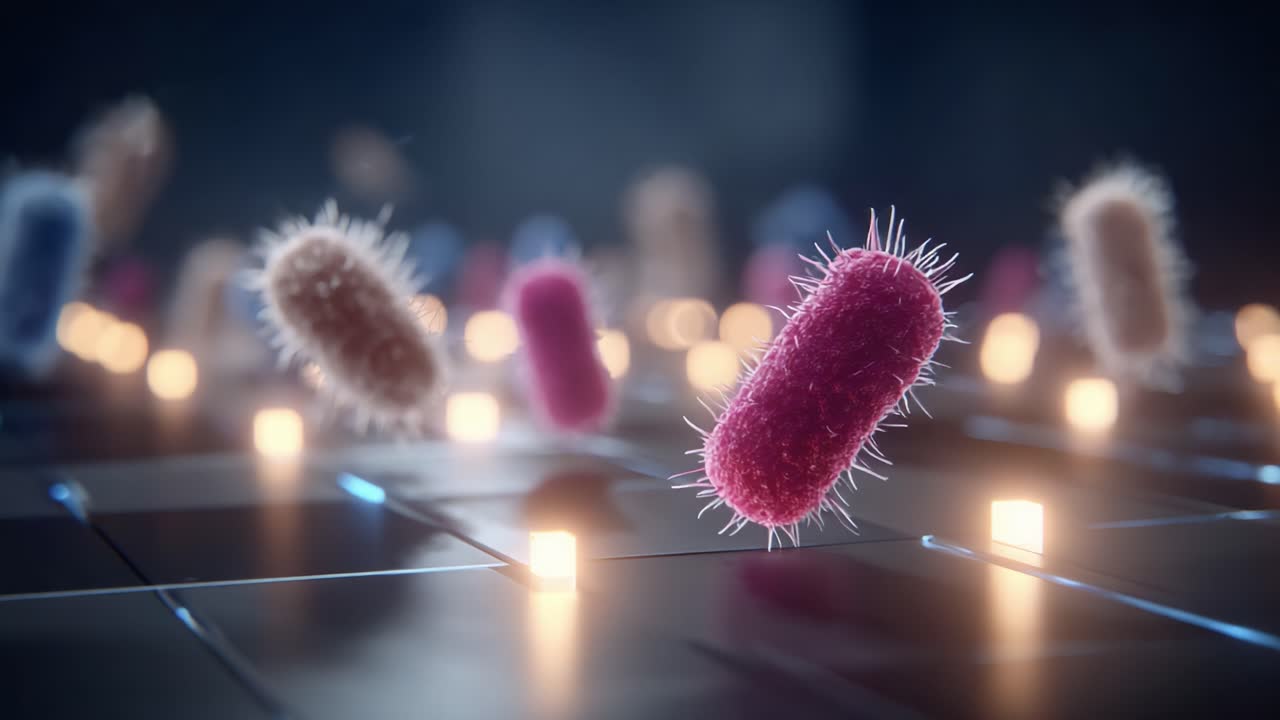 Una visualizzazione mozzafiato della vita microbica: l'intricato mondo dei batteri catturato in colori vivaci e strutture dettagliate che ne evidenziano le diverse forme e texture