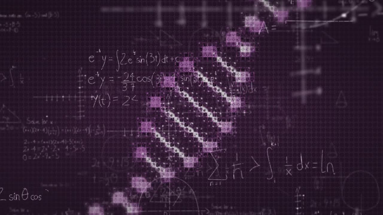 animación de fórmulas matemáticas y formas que se mueven sobre el adn sobre un fondo púrpura