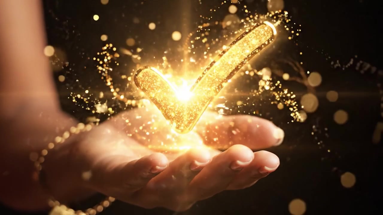 A Glimmering Golden Check Mark Held in Hand, Symbolizing Approval or Achievement with a Sparkling Glow, Against a Dark Background for Emphasis