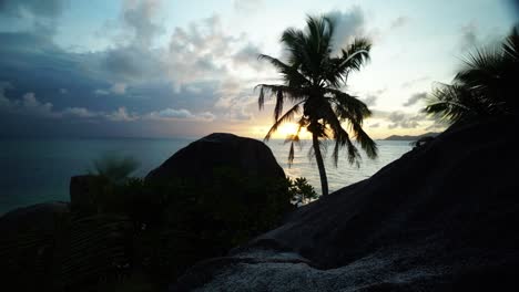 Zeitraffer-Des-Sonnenuntergangs-Vor-Palmensilhouette-In-Der-Karibik
