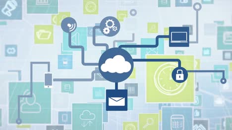 network of connection icons against multiple digital icons