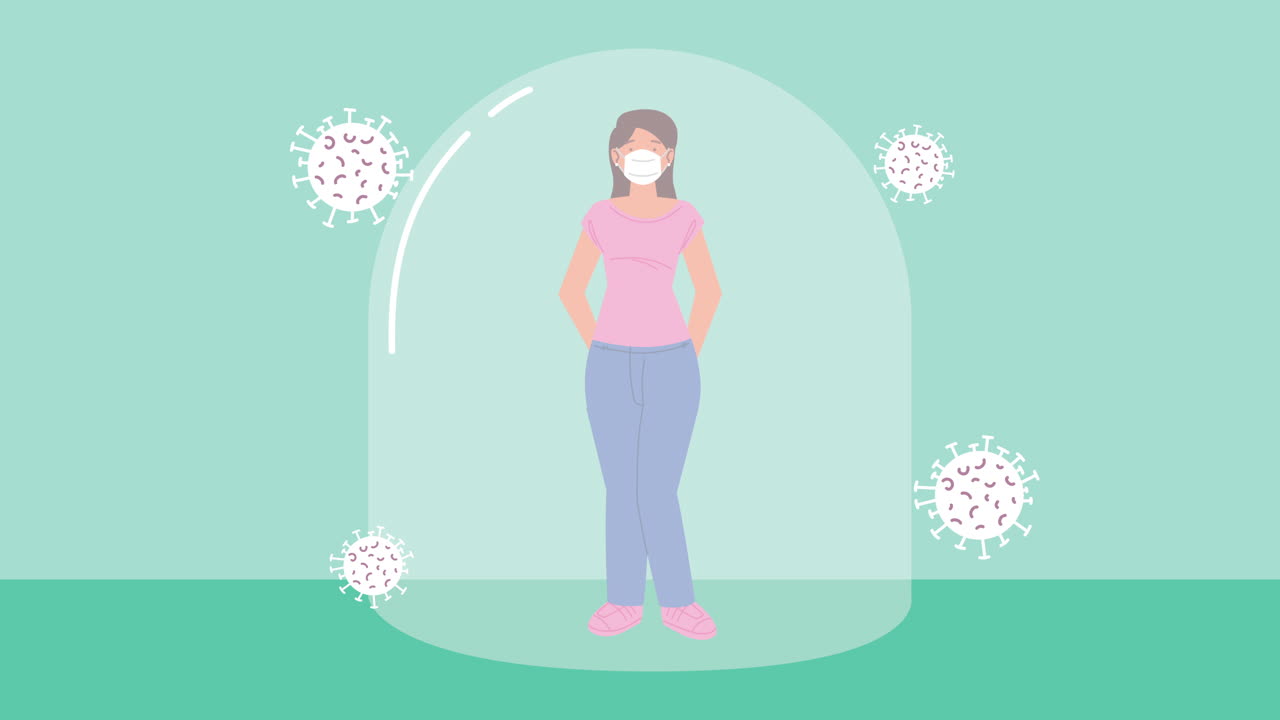 mujer con una máscara dentro de una burbuja protectora